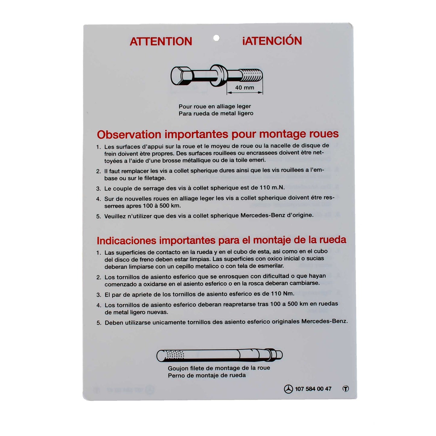 Classic Trim Parts - Wheel Fitting Informational Label Genuine Mercedes - R107 Models - Mercedes-Benz
