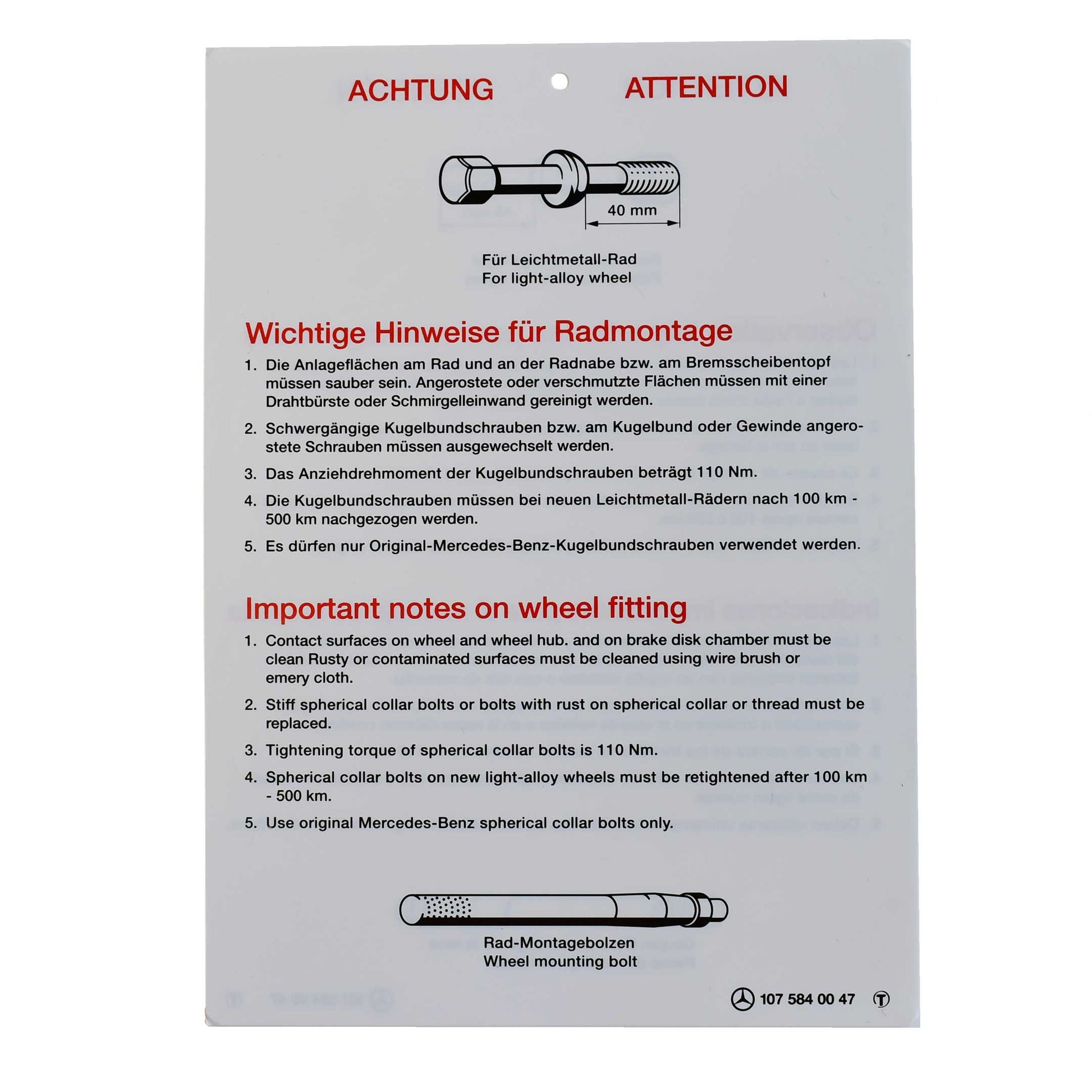 Classic Trim Parts - Wheel Fitting Informational Label Genuine Mercedes - R107 Models - Mercedes-Benz