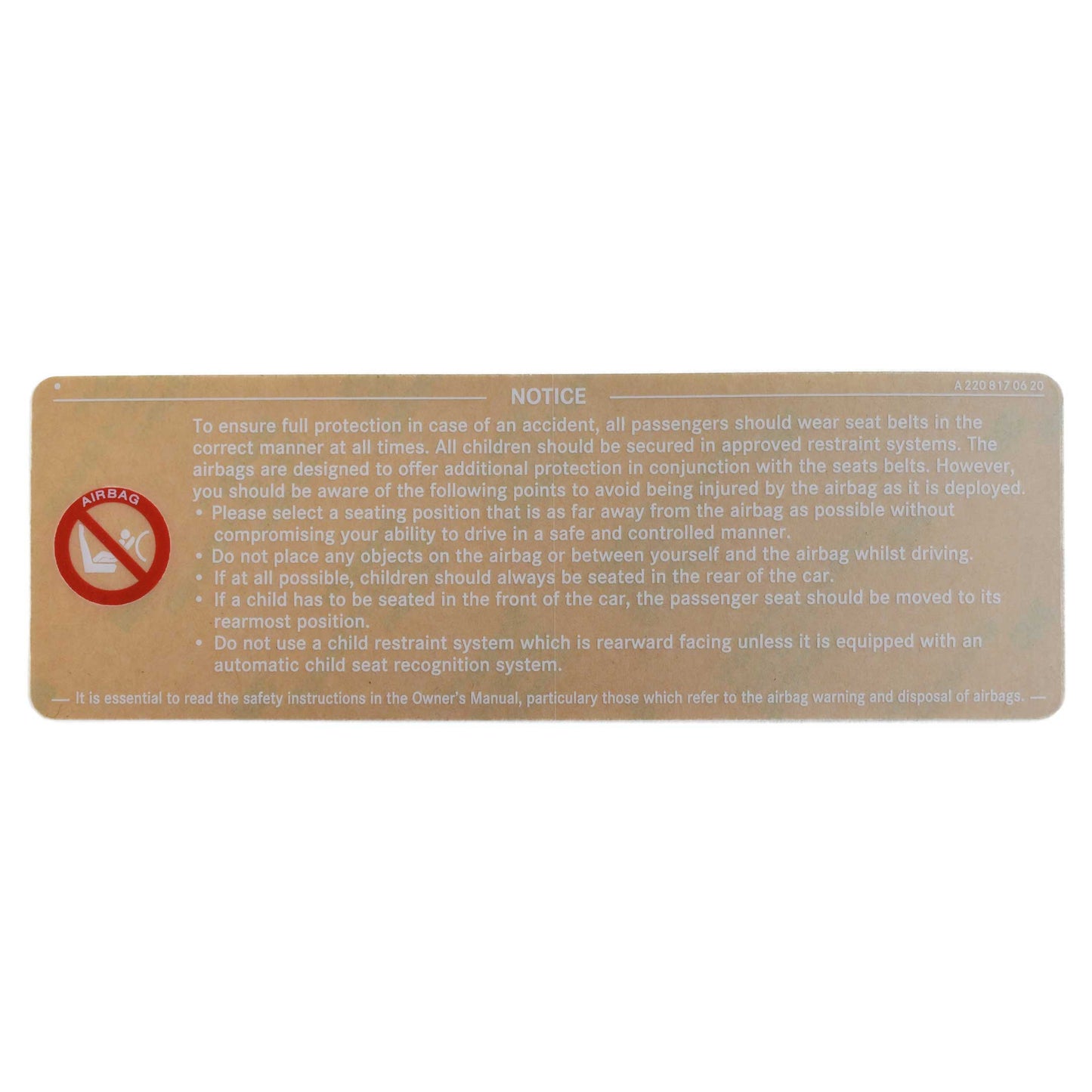 Classic Trim Parts - Sun Visor Airbag Warning Sticker Genuine Mercedes - R129, W124, and W140 Models - Mercedes-Benz