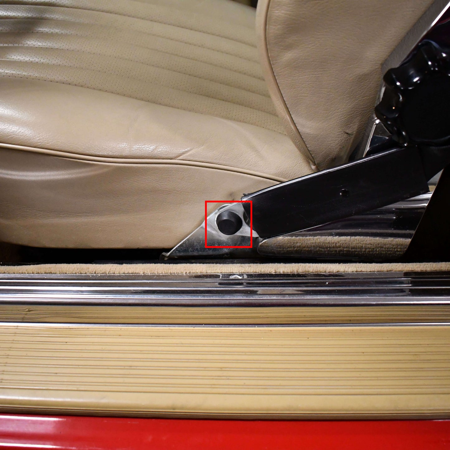 Mercedes R107 SL - Seat Belt Retractor Bolt Cap Location - Classic Trim Parts