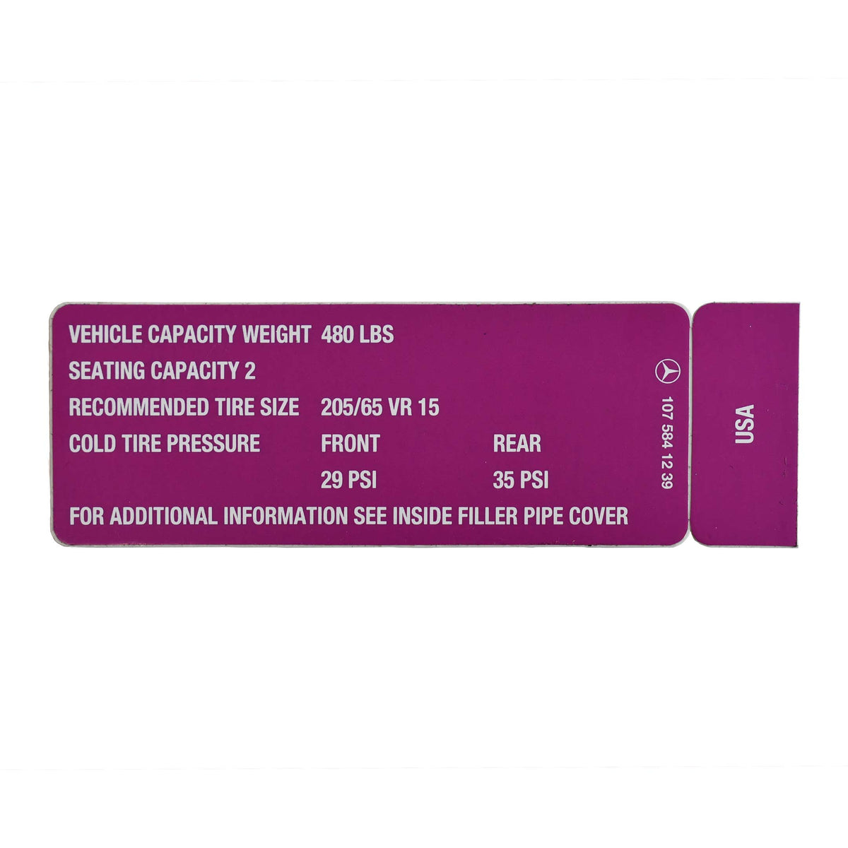Vehicle Capacity and Tire Pressure Sticker Genuine Mercedes - 560SL ...