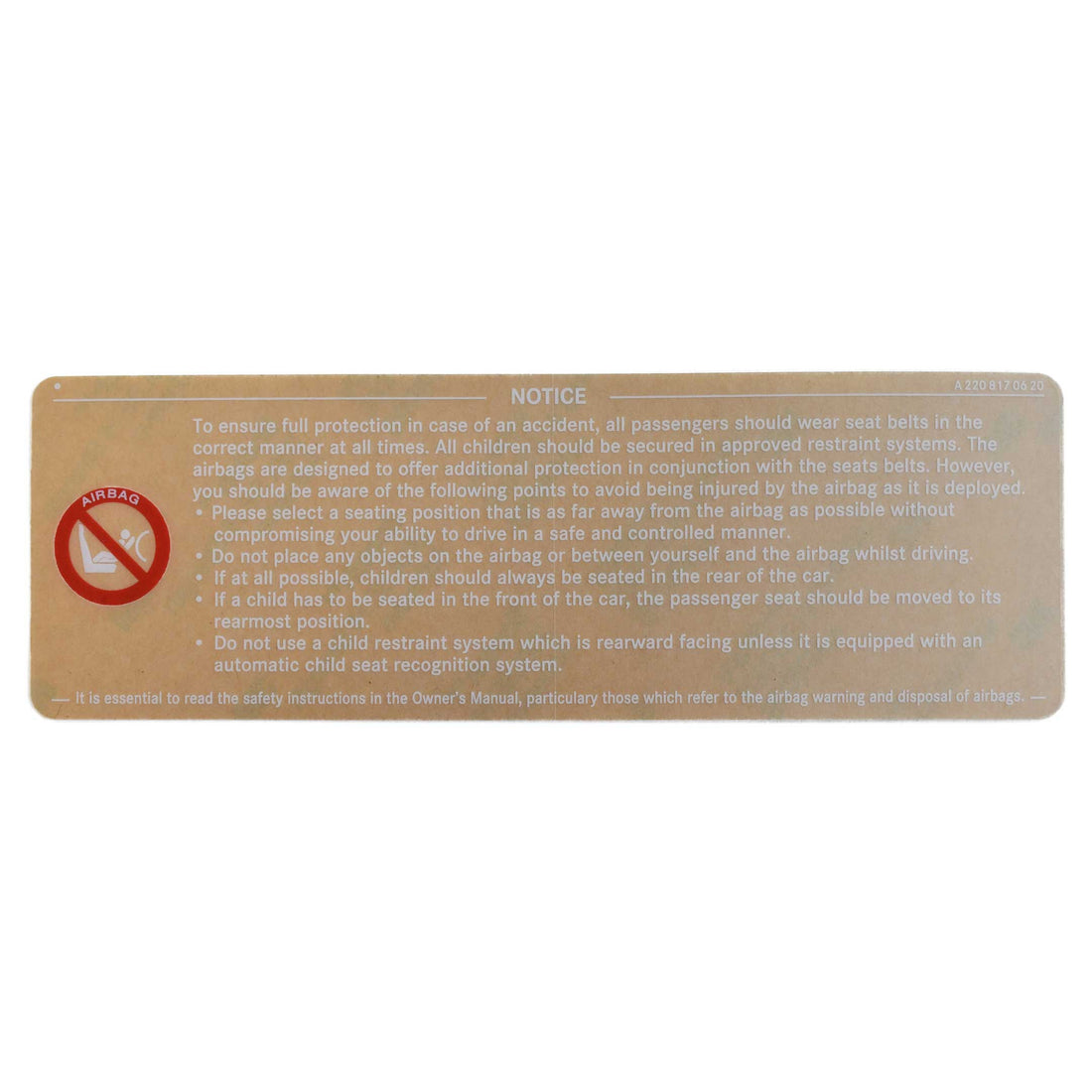 Sun Visor Airbag Warning Sticker Genuine Mercedes W140/W124/R129