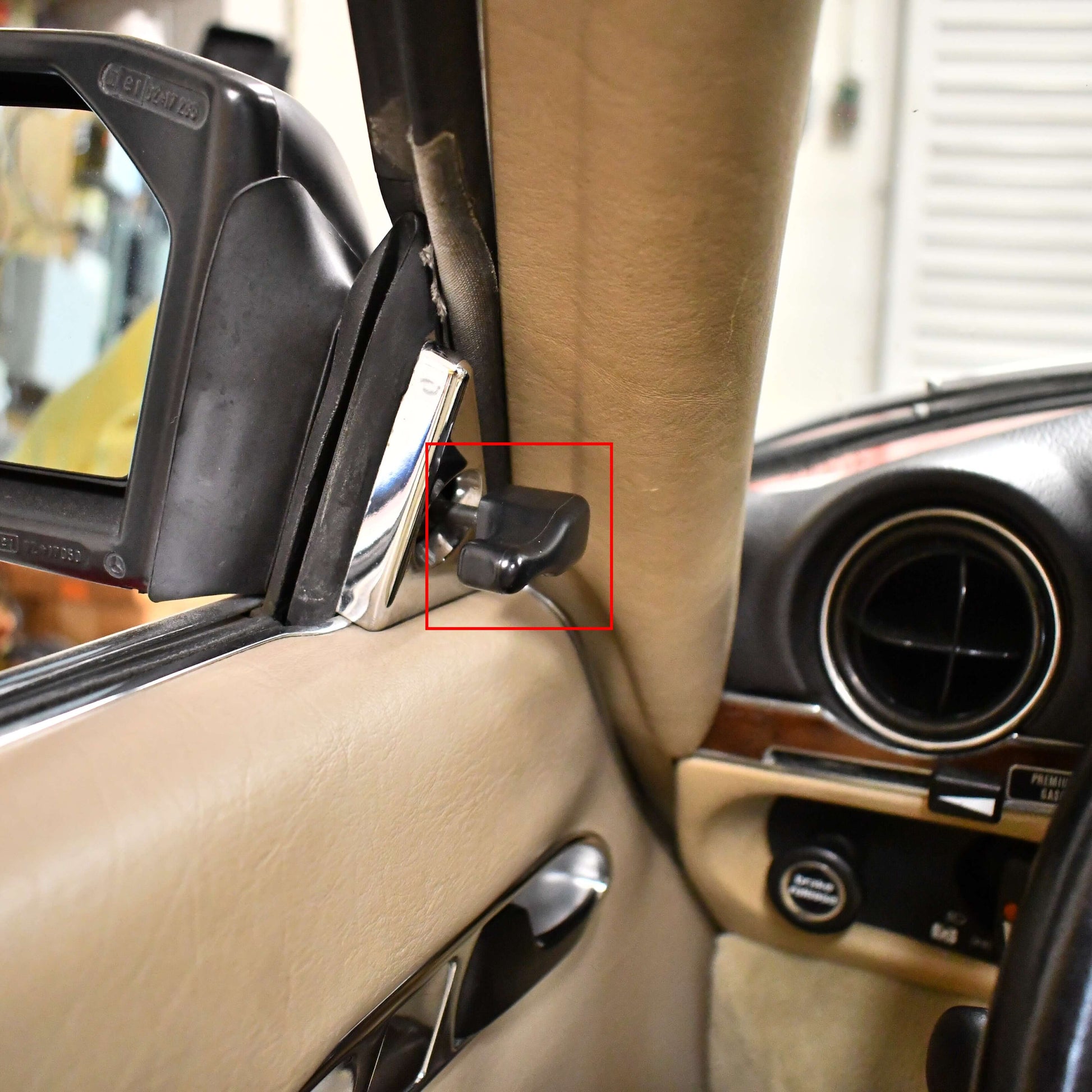 Classic Trim Parts - Mercedes R107 C107 SL SLC - Side Mirror Adjustment Handle Location